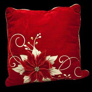 VTG Red & Gold Velvet Christmas Throw Pillow With Poinsettia Design Embroidery
